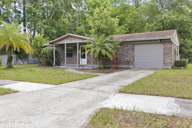 11437 Ricky Way, Jacksonville, FL 32223 - ranch-style home featuring driveway, brick siding, a front yard, covered porch, and a garage