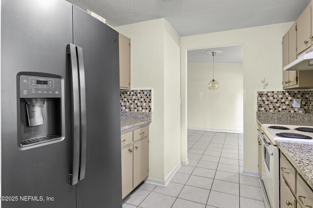 11437 Ricky Way, Jacksonville, FL 32223 - kitchen featuring stainless steel refrigerator with ice dispenser, white range with electric cooktop, light tile patterned floors, backsplash, and a textured ceiling