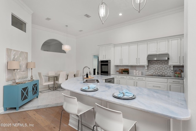 400 Big Tree Rd, Ponte Vedra Beach, FL 32082 - kitchen featuring appliances with stainless steel finishes, a sink, under cabinet range hood, white cabinets, and crown molding