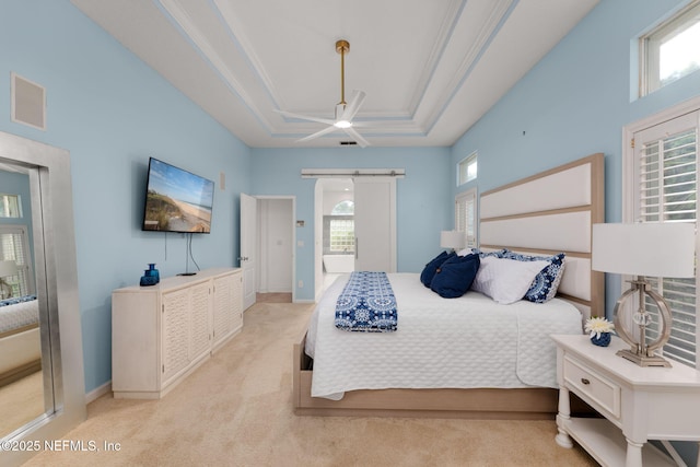 400 Big Tree Rd, Ponte Vedra Beach, FL 32082 - bedroom with a barn door, light colored carpet, ceiling fan, and baseboards