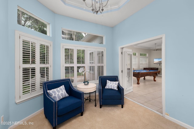400 Big Tree Rd, Ponte Vedra Beach, FL 32082 - living area featuring billiards, healthy amount of natural light, a chandelier, carpet floors, and ornamental molding