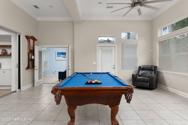 400 Big Tree Rd, Ponte Vedra Beach, FL 32082 - recreation room featuring light tile patterned floors, a ceiling fan, ornamental molding, pool table, and baseboards