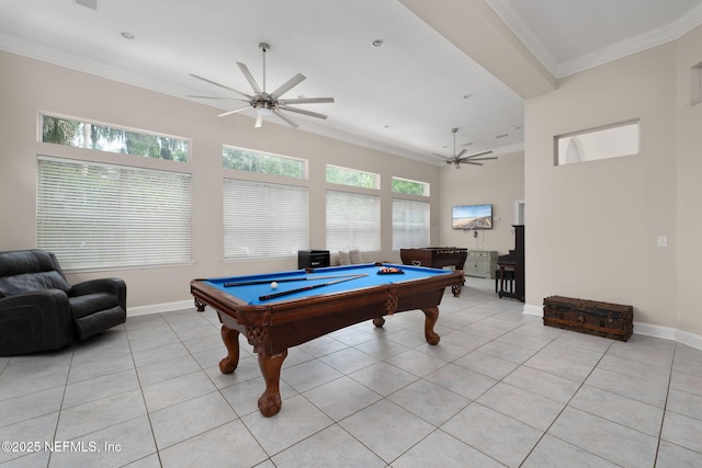 400 Big Tree Rd, Ponte Vedra Beach, FL 32082 - recreation room with light tile patterned floors, ceiling fan, ornamental molding, pool table, and baseboards