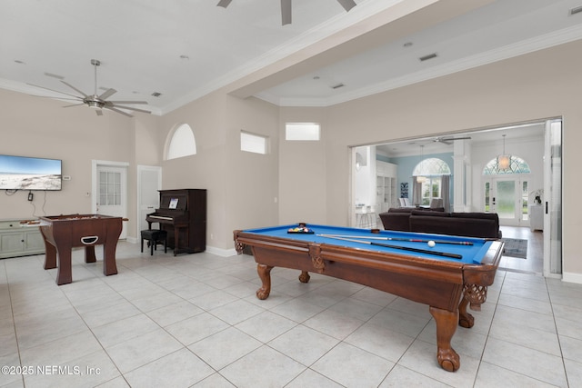 400 Big Tree Rd, Ponte Vedra Beach, FL 32082 - rec room with pool table, ceiling fan, crown molding, and light tile patterned flooring