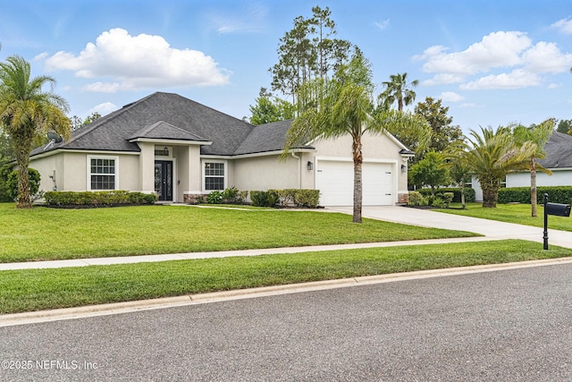 71 Irish Rose Rd, Saint Augustine, FL 32092 - view of front of house featuring stucco siding, a garage, concrete driveway, a front lawn, and a shingled roof