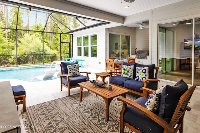 37 High Ridge Pt, Ponte Vedra, FL 32081 - view of patio / terrace featuring a ceiling fan, an outdoor hangout area, an outdoor pool, and glass enclosure