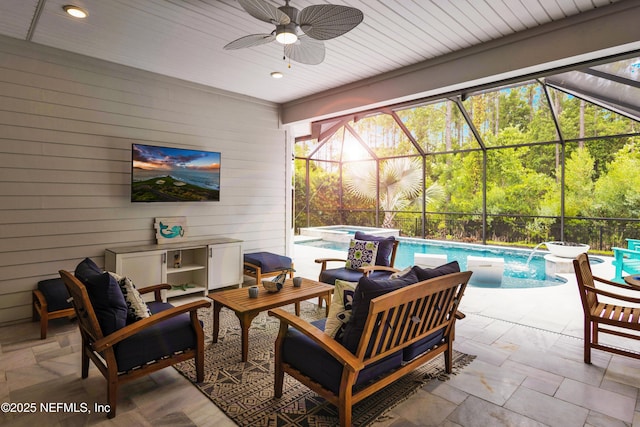 37 High Ridge Pt, Ponte Vedra, FL 32081 - view of patio featuring a pool with connected hot tub, ceiling fan, an outdoor living space, and a lanai