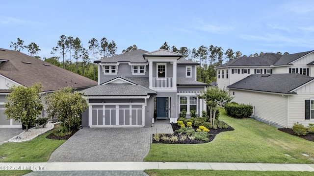 252 Pine Haven Dr, Saint Johns, FL 32259 - view of front facade with decorative driveway, a front yard, a shingled roof, and a garage
