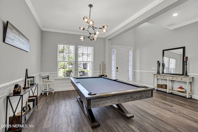 252 Pine Haven Dr, Saint Johns, FL 32259 - rec room with crown molding, dark wood finished floors, billiards table, a chandelier, and a wainscoted wall