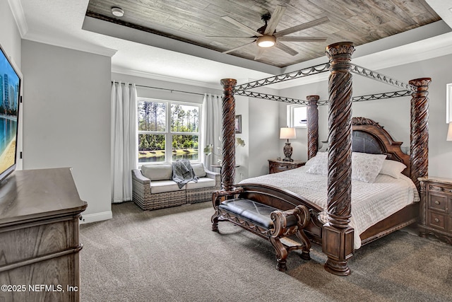 252 Pine Haven Dr, Saint Johns, FL 32259 - bedroom with carpet floors, wood ceiling, crown molding, baseboards, and a ceiling fan