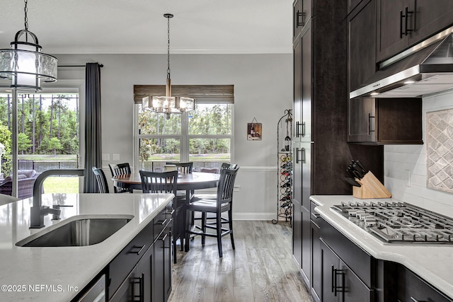 252 Pine Haven Dr, Saint Johns, FL 32259 - kitchen featuring a chandelier, exhaust hood, a sink, light countertops, and tasteful backsplash