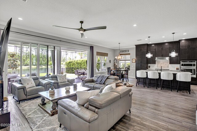 252 Pine Haven Dr, Saint Johns, FL 32259 - living room with ceiling fan, recessed lighting, light wood finished floors, a textured ceiling, and crown molding