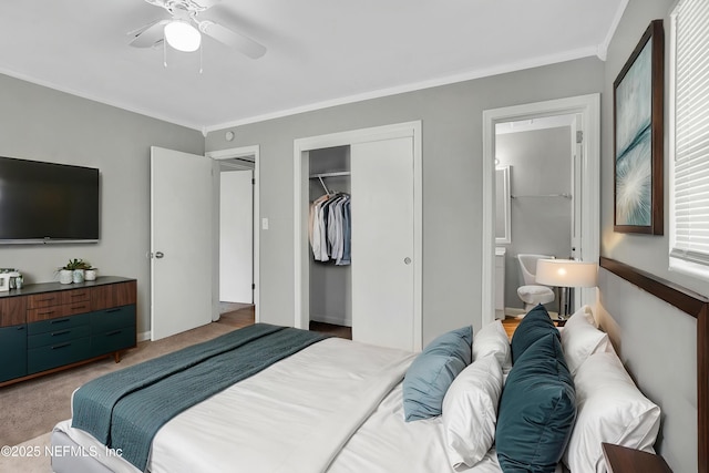 3733 Cambay Pl, Jacksonville, FL 32210 - bedroom with ornamental molding, a closet, carpet, connected bathroom, and a ceiling fan