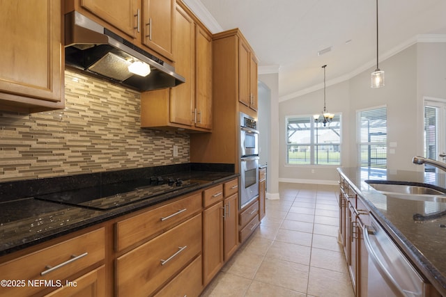 1456 Coopers Hawk Way, Middleburg, FL 32068 - kitchen featuring under cabinet range hood, crown molding, a sink, backsplash, and appliances with stainless steel finishes