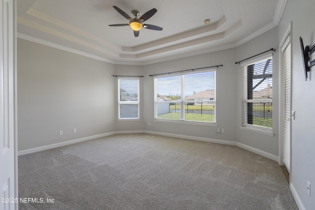 1456 Coopers Hawk Way, Middleburg, FL 32068 - unfurnished room featuring a tray ceiling, carpet floors, ceiling fan, ornamental molding, and baseboards