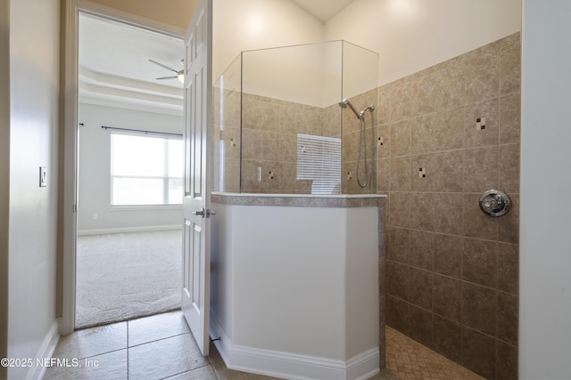 1456 Coopers Hawk Way, Middleburg, FL 32068 - bathroom with walk in shower, tile patterned flooring, baseboards, and ceiling fan