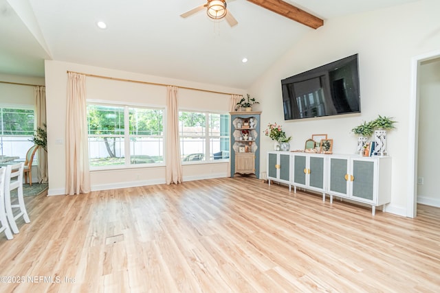 4282 Wolfe Dr, Macclenny, FL 32063 - unfurnished living room with beam ceiling, ceiling fan, wood finished floors, baseboards, and recessed lighting