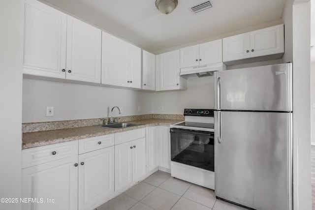 944 Bunker Hill Blvd, Jacksonville, FL 32208 - kitchen with freestanding refrigerator, range with electric stovetop, a sink, under cabinet range hood, and white cabinets