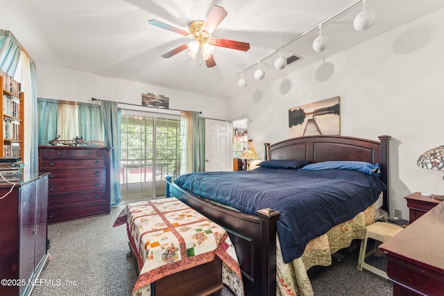 2995 Thunder Rd, Middleburg, FL 32068 - bedroom with carpet flooring, rail lighting, a ceiling fan, and access to exterior