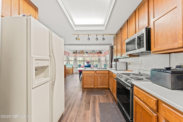 2995 Thunder Rd, Middleburg, FL 32068 - kitchen featuring white fridge with ice dispenser, stainless steel microwave, range with electric cooktop, dark wood finished floors, and a peninsula