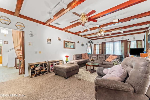 2995 Thunder Rd, Middleburg, FL 32068 - living room with ceiling fan, beam ceiling, baseboards, and carpet