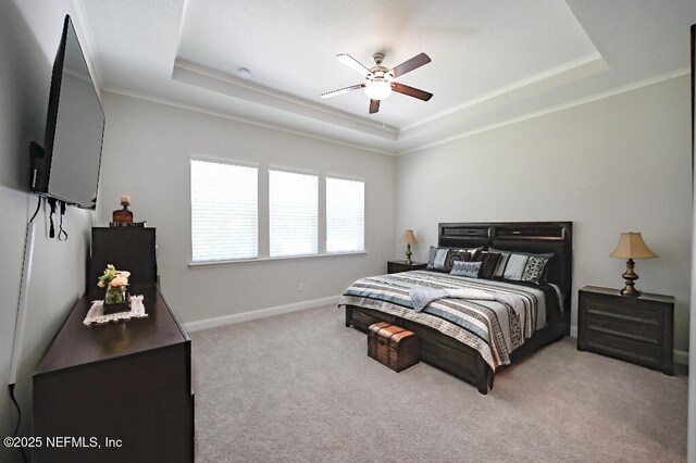 152 Cloverbrook Rd, Saint Johns, FL 32259 - carpeted bedroom featuring a raised ceiling, ornamental molding, baseboards, and a ceiling fan