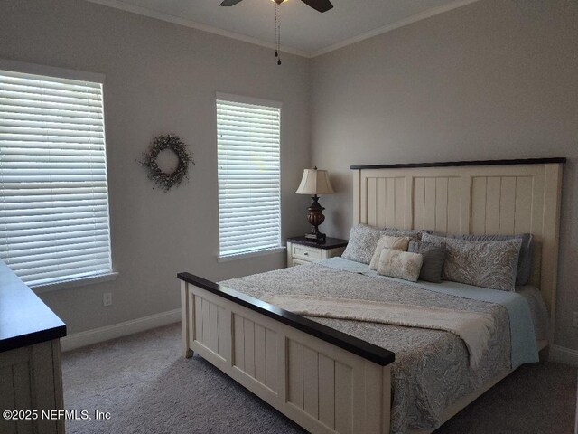 152 Cloverbrook Rd, Saint Johns, FL 32259 - bedroom featuring baseboards, light carpet, ornamental molding, a ceiling fan, and multiple windows