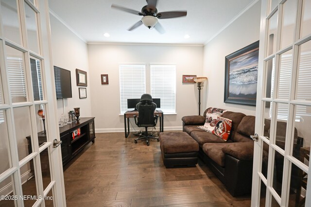 152 Cloverbrook Rd, Saint Johns, FL 32259 - office area featuring french doors, ornamental molding, dark wood finished floors, baseboards, and a ceiling fan