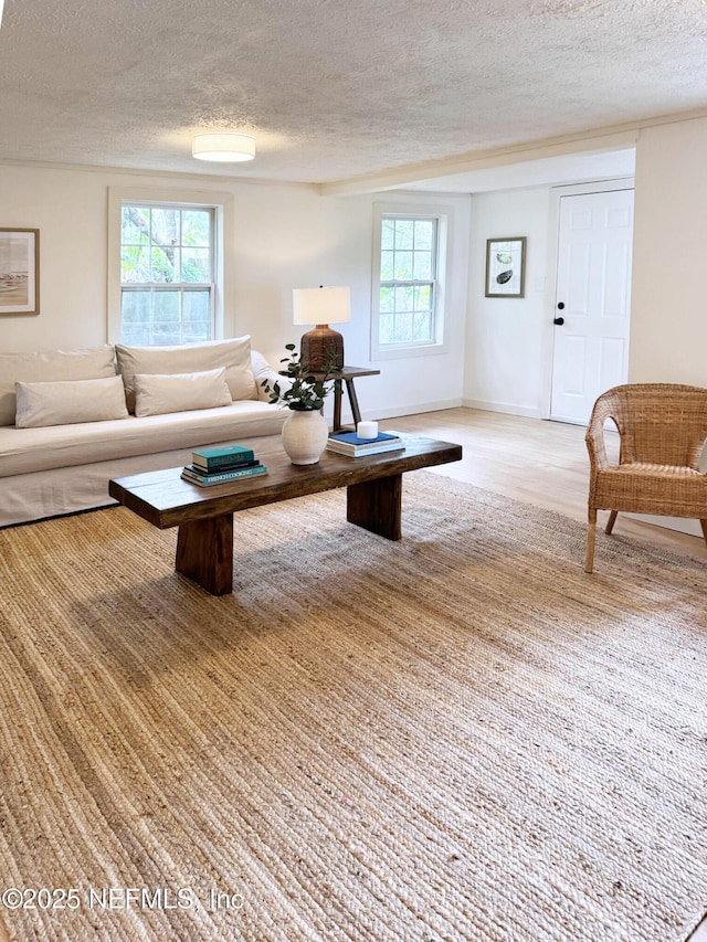 living room featuring a textured ceiling, plenty of natural light, and baseboards