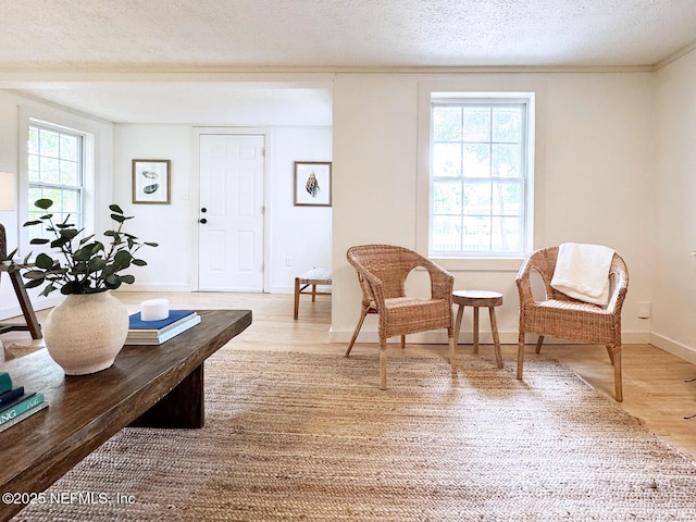 sitting room featuring light wood-style floors, a textured ceiling, baseboards, and ornamental molding