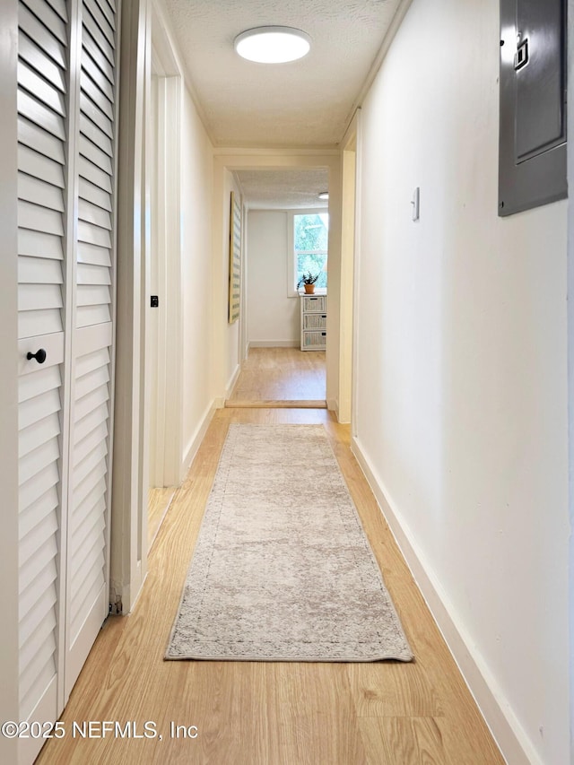 corridor featuring light wood finished floors, electric panel, and baseboards