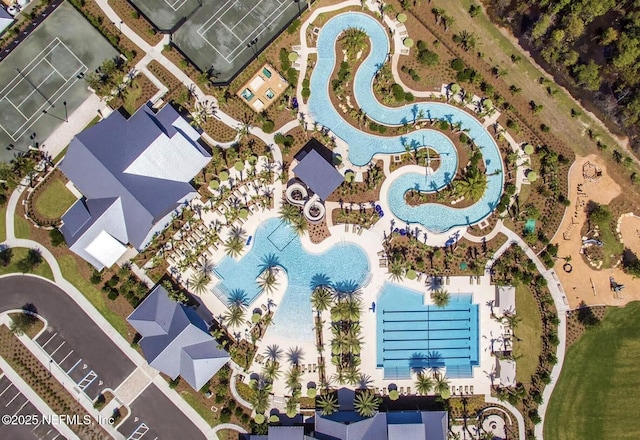 aerial view of a pool area