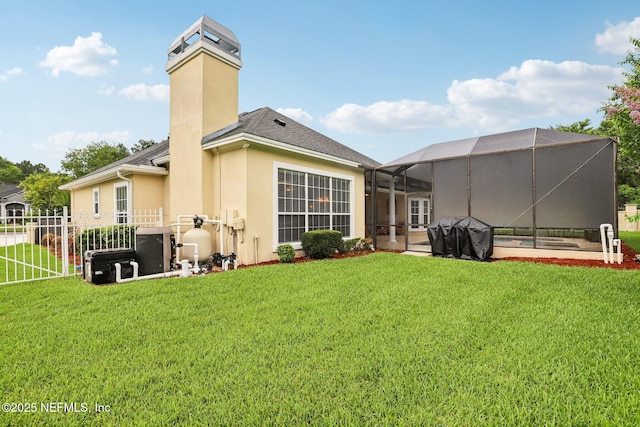 641 Thornwood Ln, Orange Park, FL 32073 - rear view of property with stucco siding, a chimney, a patio, a lanai, and a swimming pool
