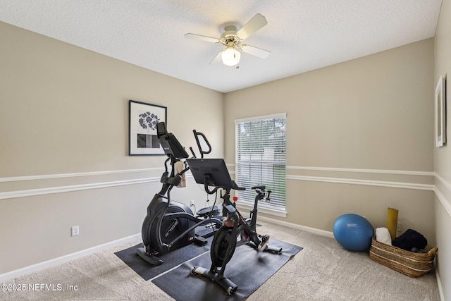 641 Thornwood Ln, Orange Park, FL 32073 - workout area with carpet, ceiling fan, baseboards, and a textured ceiling