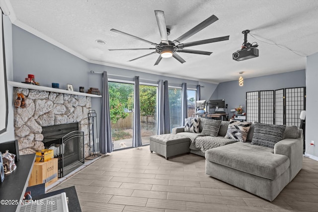 1167 Romaine Cir E, Jacksonville, FL 32225 - living area featuring ceiling fan, a textured ceiling, an office area, and a fireplace