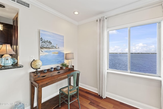 office with dark wood-style flooring, crown molding, baseboards, a water view, and recessed lighting