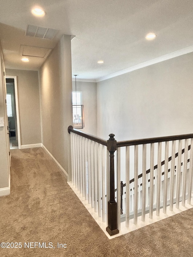 627 Rum Runner Way, Saint Johns, FL 32259 - corridor featuring carpet, recessed lighting, ornamental molding, an upstairs landing, and attic access