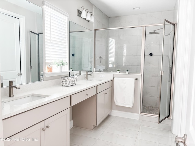 627 Rum Runner Way, Saint Johns, FL 32259 - full bathroom featuring a shower stall, double vanity, and marble look tiles