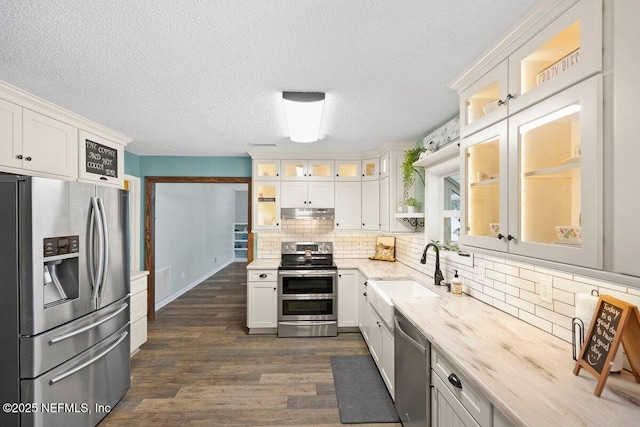 5950 Orchard Pond Dr, Fleming Island, FL 32003 - kitchen with stainless steel appliances, a sink, decorative backsplash, dark wood-style flooring, and light stone countertops