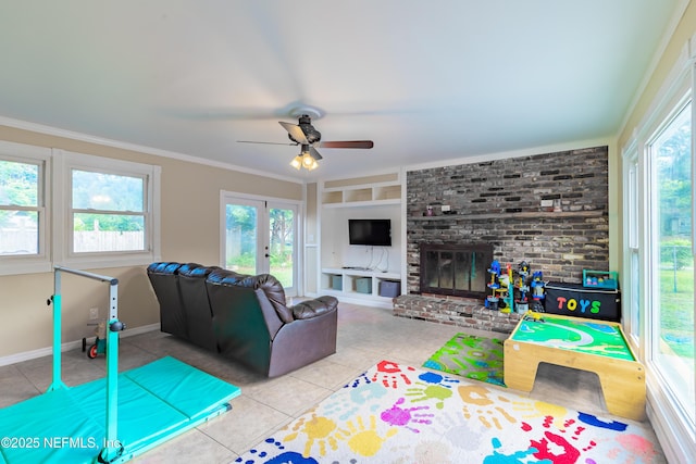 5520 Hyde Grove Ave, Jacksonville, FL 32210 - tiled living room with a ceiling fan, a brick fireplace, crown molding, and baseboards