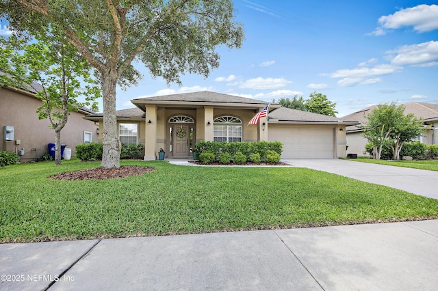 ranch-style house with stucco siding, an attached garage, driveway, and a front lawn