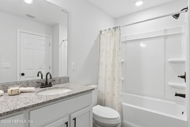 full bath with toilet, shower / bath combination with curtain, vanity, and recessed lighting