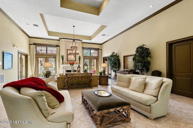 100 Fairway Park Blvd Unit 802, Ponte Vedra, FL 32082 - living area with a chandelier, light tile patterned flooring, a tray ceiling, and ornamental molding