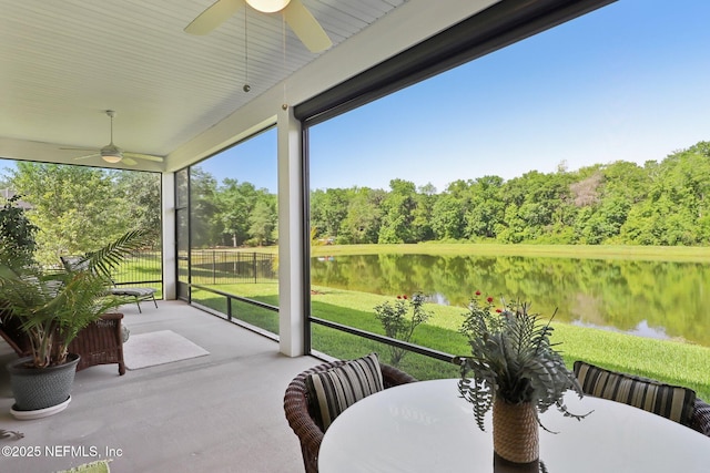 sunroom / solarium with ceiling fan and a water view