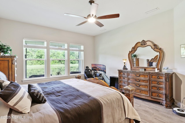 bedroom featuring light wood-style flooring and ceiling fan