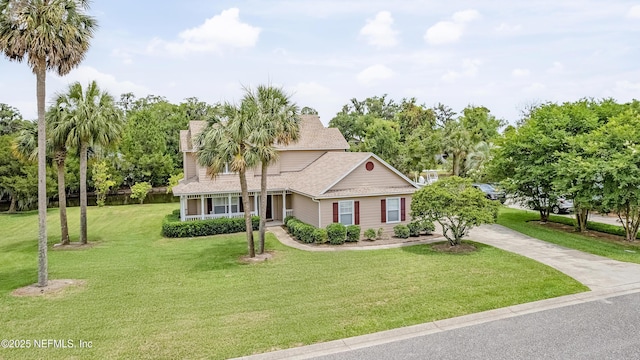 view of front facade featuring a front lawn, concrete driveway, a shingled roof, and view of scattered trees