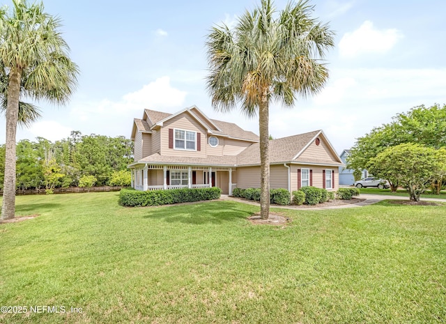 traditional home featuring a front lawn, covered porch, and a shingled roof