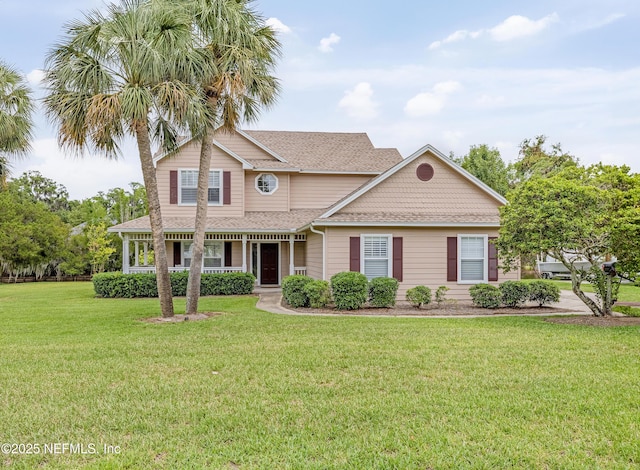 view of front facade with a front yard, a shingled roof, and covered porch