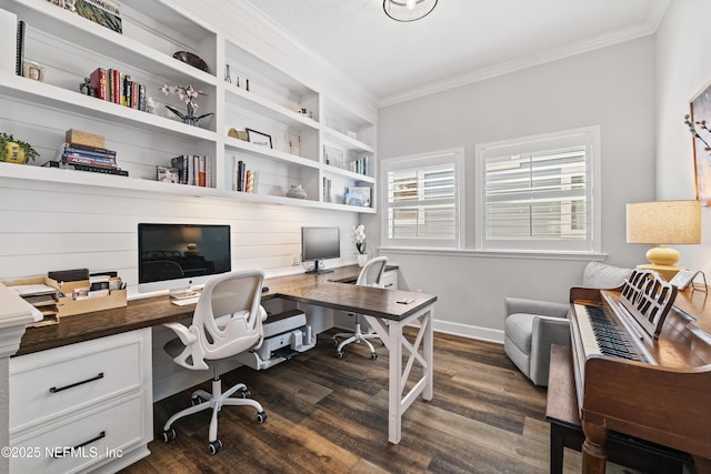 131 Seabrook Dr, Ponte Vedra, FL 32081 - office space featuring ornamental molding, dark wood-type flooring, baseboards, and built in study area