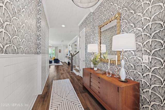 131 Seabrook Dr, Ponte Vedra, FL 32081 - corridor with wallpapered walls, wood finished floors, wainscoting, recessed lighting, and ornamental molding